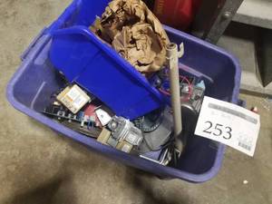 lot 253 image: Hardware - Pipe Fittings, Ignition Transformer, Valve Assembly, Blower Motor, Fasco Motor 7021, Igniters, Misc. HVAC Parts (in plastic bin)