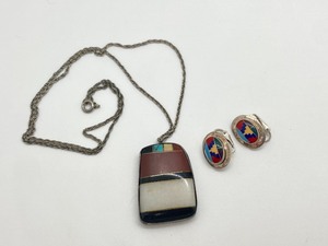 lot 6 image: Gorgeous Vintage Mixed Stone Navajo Pendant Necklace & Sterling Clip-on Earrings