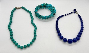 lot 61 image: Pair Polished Stone Necklaces & Turquoise Bracelet
