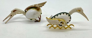 lot 91 image: Pair Vintage White Enamel & Milk Glass Cabachon Ibis Brooches