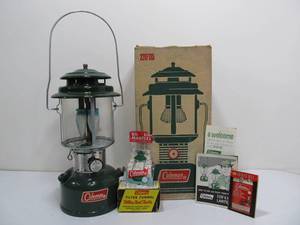 lot 84 image: Mint Condition Vintage 1970 COLEMAN Model 220F Lantern wBox & Accessories