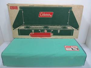lot 85 image: Vintage COLEMAN Model 426D 3-Burner Camp Stove wProtective Case & Original Box
