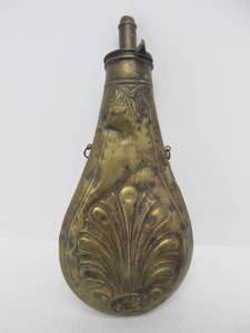 lot 39 image: Early Antique Scallop Design Brass Gunpowder Flask