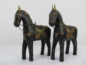 lot 106 image: Pair of Carved Wooden Horses wCopper & Brass Metalwork