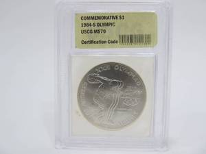 lot 123 image: 1984 Olympiad One Dollar Commemorative Silver Coin - MS70