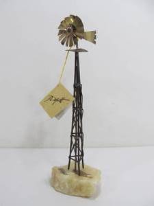 lot 146 image: Signed Vintage DeMott Brass & Copper Windmill Sculpture on Stone Base