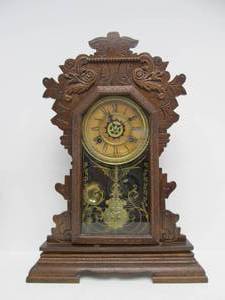 lot 149 image: Excellent Working Antique Waterbury Kenwood Kitchen Clock wMatching Spoon Carved Shelf
