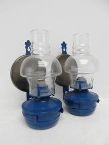 lot 150 image: Nice Pair of Vintage Blue Oil Lamp Wall Sconces 
