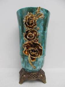 lot 153 image: Ornate Vintage Hollywood Regency Large Glazed Art Pottery Vase wBrass Base