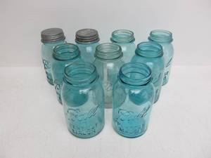 lot 155 image: Lot of 9 Old Vintage Matching Size 1 Quart Ball Mason Jars - Blue