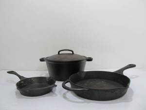 lot 169 image: Cast Iron Dutch Oven & 2 Skillets