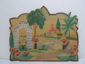 lot 272 image: Large Vintage 1930s Era Embossed Die-Cut Print wFlamingos 