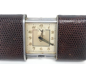 lot 4 image: Original 1930s Era Swiss Made MOVADO Collapsible Leather Case Travel Clock