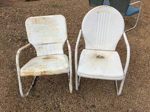 lot 13 image: 2 Vintage White Pressed Steel Lawn Chairs