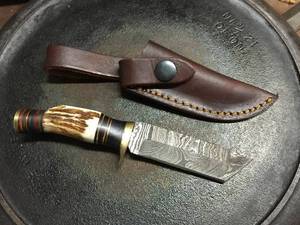 lot 45 image: Damascus Steel-Bone Handle Hunting Knife with Leather Sheath
