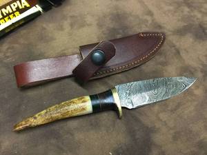 lot 117 image: Damascus Steel Stag Handle Knife with Leather Sheath