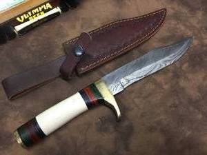lot 118 image: Damascus Steel Bowie Style Knife with Tooled Leather Sheath