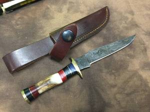 lot 119 image: Damascus Steel Stag Handle Knife with Leather Sheath