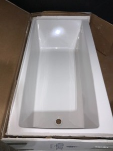 lot 1 image: AQUATIC CARSON 6O IN. ACRYIX ACRYLIC-FINISHED LEFT DRAIN RECTANGULAR APRON FRONT SOAKING BATHTUB IN WHITE. SEE PICTURES