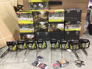 Lot of 21 units  of assorted Ryobi Gas Chain Saws and Chains used various conditions  customer returns see pictures