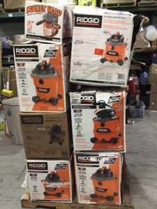 Pallet with assorted Ridgid WetDry Vacs open box customer returns various moels and conditions see pictures