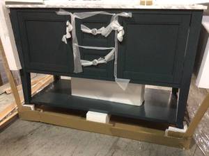 Home Decorators Sherway 49 in. W x 22 in. D Bath Vanity in Antigua Green with Marble Vanity Top in Carrara White with White Basins not used see pictures
