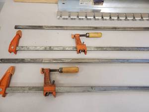 lot 73 image: (4) Woodworking Clamps & Wall Hanging Bracket