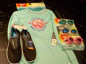 Speedo size Jr. L swim tees and gog...