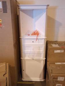 lot 12 image: Hampton Harbor 23 in. W x 13 in. D x 67-12 in. H Corner Linen Cabinet in White by Home Decorators Collection (damage top corner)