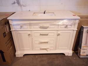 lot 28 image: Melpark 48 in. W x 22 in. D Bath Vanity in White with Cultured Marble Vanity Top in White with White Sink by Home Decorators Collection