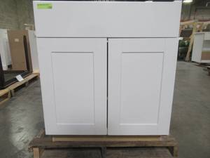 lot 206 image: Hampton Bay Shaker Assembled 30x34.5x24 in. Base Kitchen Cabinet with Ball-Bearing Drawer Glides in Satin White KB30-SSW