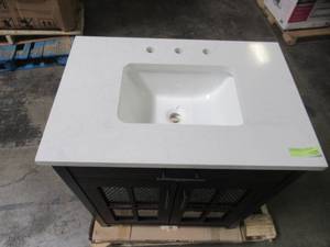 lot 209 image: Home Decorators Collection Drysdale 30 in. W x 34.5 in. H Bath Vanity in Sable with Engineered Stone Vanity Top in Lgt Vein Carrera with White Basin HDC30MFV