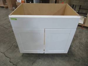 lot 304 image: Hampton Bay Shaker Assembled 36x34.5x24 in. Sink Base Kitchen Cabinet in Satin White KSB36-SSW