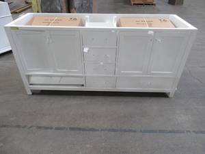 lot 103 image: Caroline Avenue 71.18 in. W x 21.65 in. D x 33.46 in. H Vanity Cabinet in White. Some LH Side DoorDrawer Damage, Scratch and Dent, Backing needs attaching.