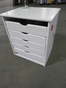 lot 109 image: White 6-Drawer Solid Wood Wide Roll Cart - Missing Wheels.