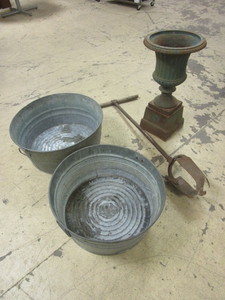 lot 220 image: VINTAGE METAL WASH TUBS, POST HOLE DIGGER, FLOWER POT