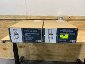 lot 43 image: Lot of 2- Oil Rubbed Bronze Adjustable Height Upholstered Swivel Bar Stools