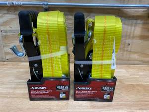 lot 71 image: HUSKY Lot of 2-  27 ft. x 2 in. Heavy-Duty Ratchet Tie-Down with J Hook