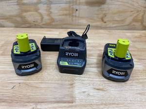 lot 100 image: RYOBI Lot of 2-  18v Batteries (4Ah) with an 18v Charger