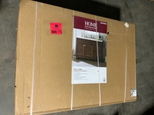 lot 25 image: HOME DECORATORS SEDGEWOOD 48-12 IN. W BATH VANITY IN DARK COGNAC WITH SOILD SURFACE TECHNOLOGY VANITY TOP IN ARCTIC WITH WHITE SINK. SEE PICTURES