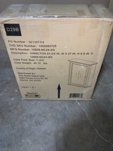 lot 30 image: HOME DECORATOR HAMILTON 23-34 IN. W X 27 IN. H X 8 IN. D FRAMED SURFACE-MOUNT BATHROOM MEDICINE CABINET IN SEA GLASS. SEE PICTURES
