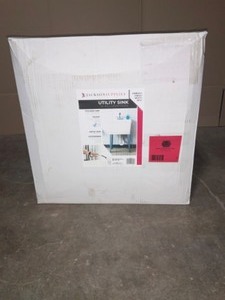 lot 31 image: TEHILA COMPLETE 22 IN. X 23 IN. WHITE 19 GAL. UTILITY SINK SET WITH NON-METALLIC CHROME FINISH PULL-OUT FAUCET. SEE PICTURES