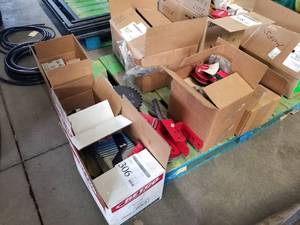 lot 306 image: Lot of (Approximately 10 boxes) Automotive Parts - Head Lights, Tail Lights, Marker Lights, Seat Belts, Brake Pads, Spark Plugs, Fuel Pump, Misc. Parts