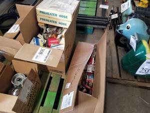 lot 308 image: Lot of (2 Boxes) Automotive Parts - Pre Heater Hose, Emission Control Filter, NAPA Filter 1156, NAPA Balkamp, ChampionAutoliteMopar Spark Plugs, And More