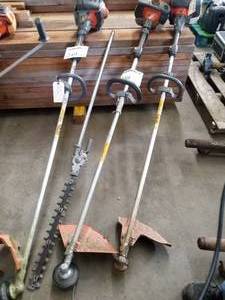 lot 248 image: Lot of (4) Yard Tools - Gas Powered Weed Trimmer (x2), Tree Trim Attachment (x1), Gas Powered Weed Trimmer (x1 for parts only)  with Weed Trimmer Parts