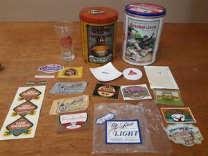 Lot of Unused Beer Labels, Quaker Tin, Cracker Jack Tin and More