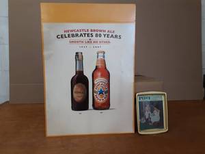Newcastle Beer Cardboard Standing Ad & Saturday Evening Post Tray - Norman Rockwell