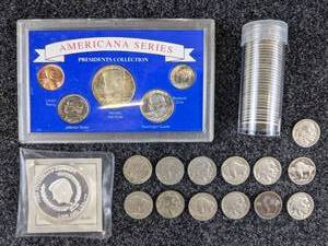 (35) 90% Silver Washington Quarters, 1964 Americana Coin Set, (13) Buffalo Nickels & JFK Commemorative Coin (No Silver)