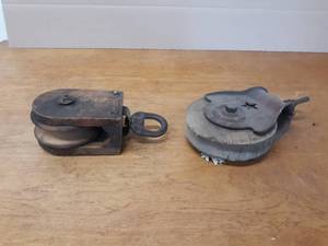 Pair of Antique Wood and Steel Pulleys