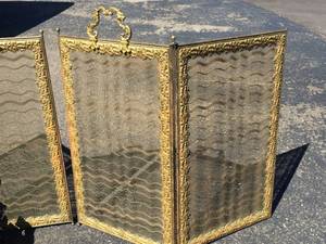 lot 111 image: Large Ornate Brass Cherub Andirons with Matching Fireplace Screens